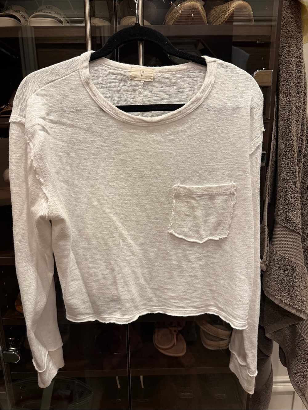 T.La Cream Long-Sleeve Crewneck Top with Front Patch Pocket